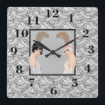 Art Deco Girls Square Wall Clock<br><div class="desc">A Beautiful Grey And Black Art Deco Square Wall Clock With Two Flapper Girls In Centre.</div>
