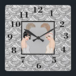 Art Deco Girls Square Wall Clock<br><div class="desc">A Beautiful Grey And Black Art Deco Square Wall Clock With Two Flapper Girls In Centre.</div>