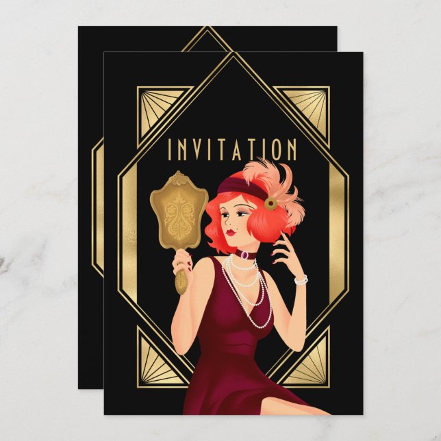 Art Deco Glam Girl 30th Birthday Gold Black Invitation (Front/Back)