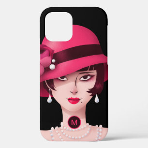 Art Deco Glam Lady Monogram Initial Black Pink iPhone 12 Case
