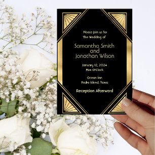 Art Deco Glam Vintage Gold on Black Wedding  Invitation