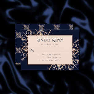 Art Deco Glamour Navy Blue Rose Gold Ornamental RSVP Card