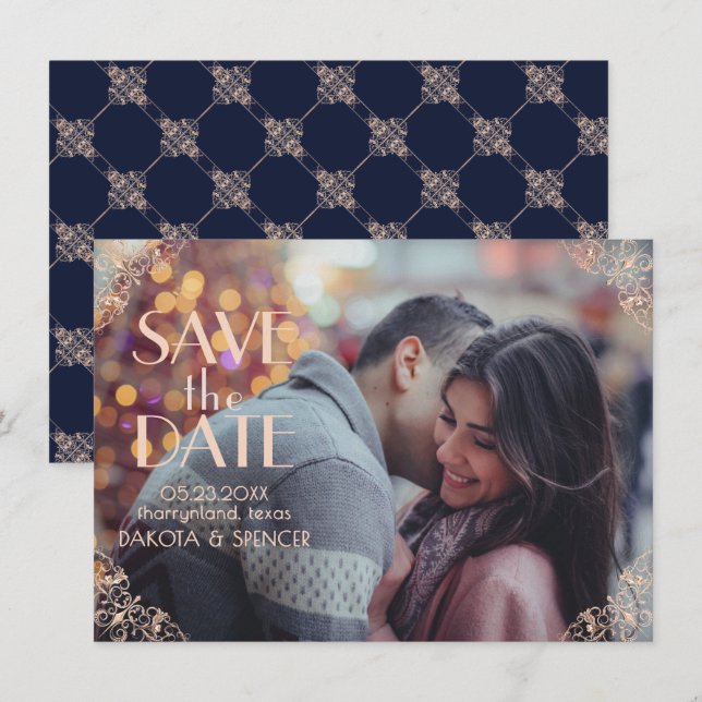 Art Deco Glamour | Navy Blue Rose Gold Ornamental Save The Date (Front/Back)