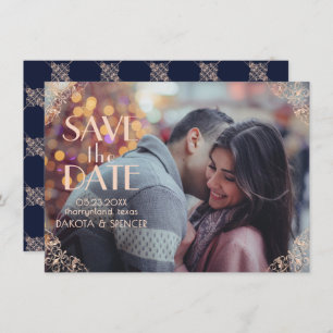 Art Deco Glamour   Navy Blue Rose Gold Ornamental Save The Date