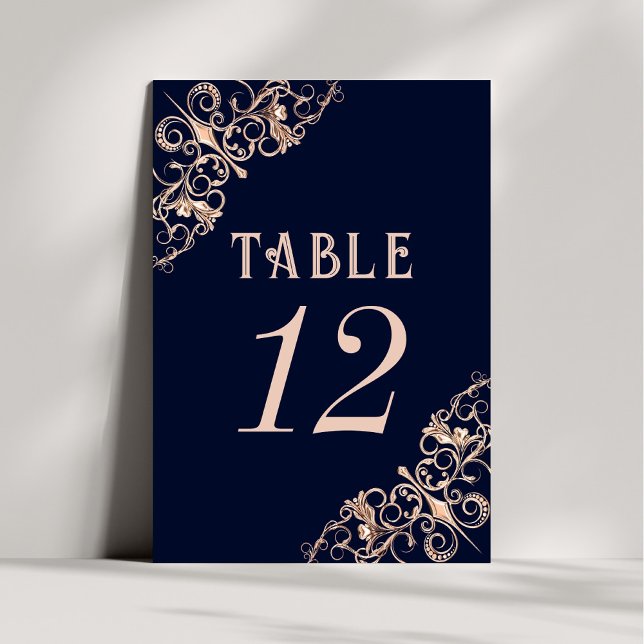 Art Deco Glamour | Navy Blue Rose Gold Ornamental Table Number (Creator Uploaded)