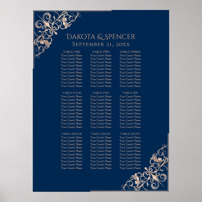 Art Deco Glamour | Navy Rose Gold Seating Chart (Front)