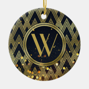 Art Deco Glamourous Geometric Pattern Monogram Ceramic Tree Decoration