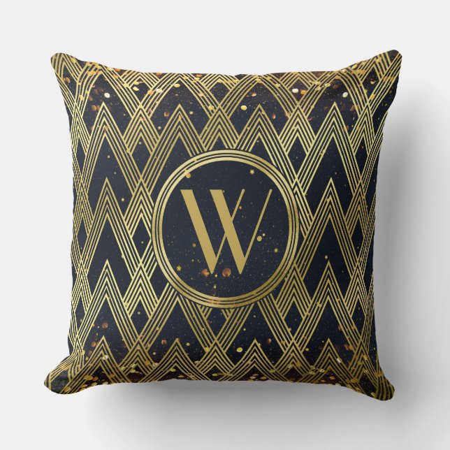 Art Deco Glamourous Geometric Pattern Monogram Cushion (Front)