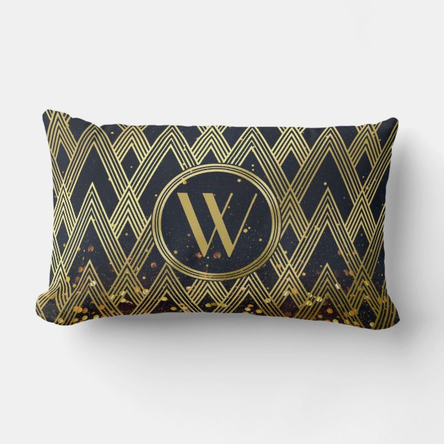 Art Deco Glamourous Geometric Pattern Monogram Lumbar Cushion (Front)