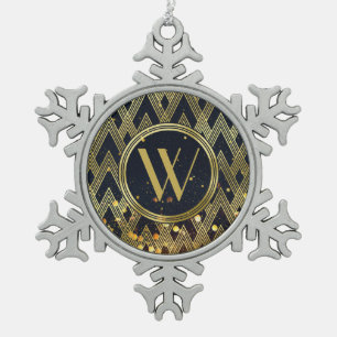 Art Deco Glamourous Geometric Pattern Monogram Snowflake Pewter Christmas Ornament