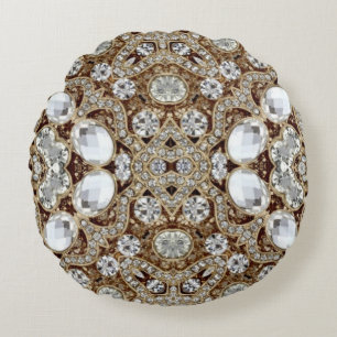  Art Deco Glamourous Vintage Fashion Beige Gold Round Cushion