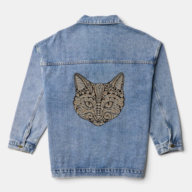 Art deco gold and black Egyptian style cat Denim Jacket (Back)