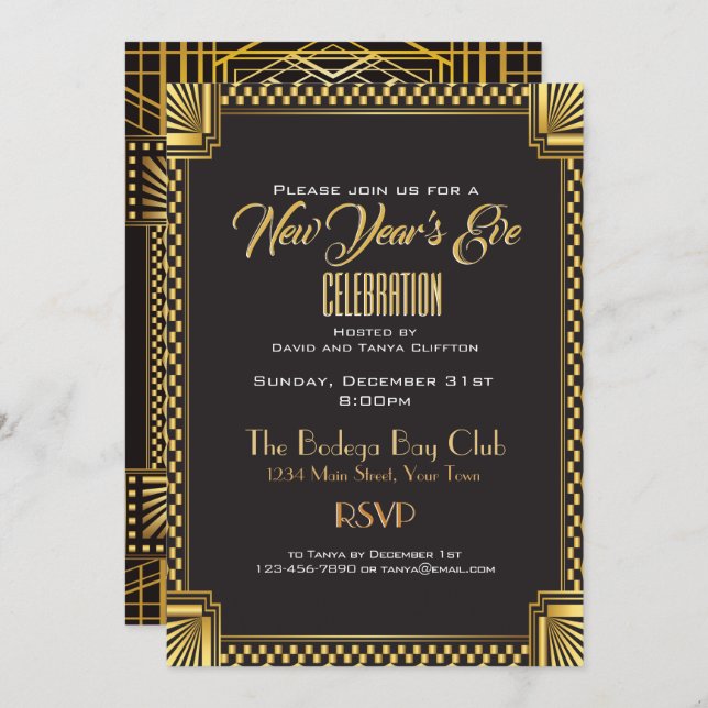 Art Deco Gold and Black NYE Gatsby Style Invitation (Front/Back)