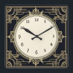 Art Deco Gold and Black Square Frame Wall Clock<br><div class="desc">art deco clock, art nouveau clock, gold and black, 1920s square, stylish sophisticated 1920 style, retro vintage antique, old fashioned fancy, faux golden line art, simple minimalist square clock, minimal elegant pattern design</div>