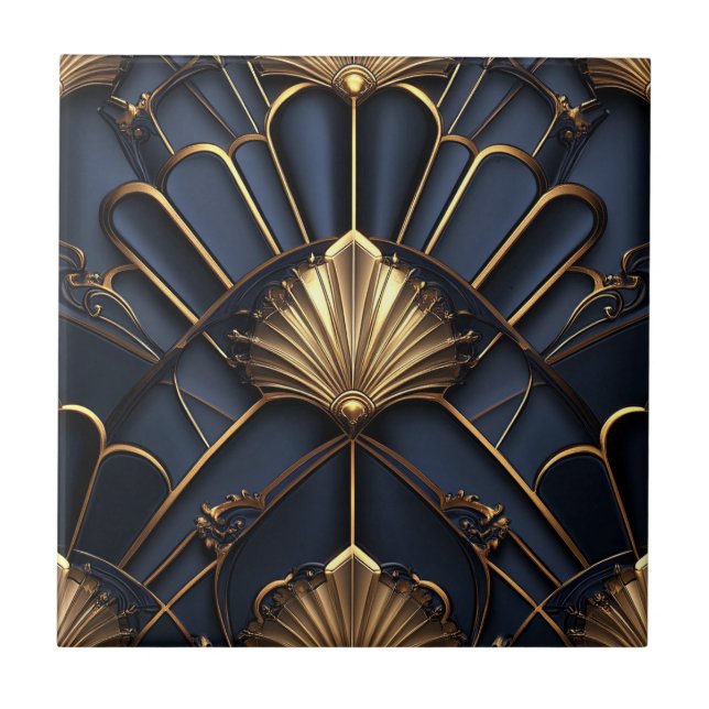 Art Deco Gold and Blue Vintage Ceramic Tile (Front)