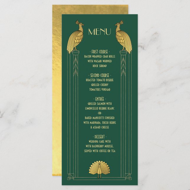 Art Deco Gold and Geen Peacock Wedding menu card (Front/Back)