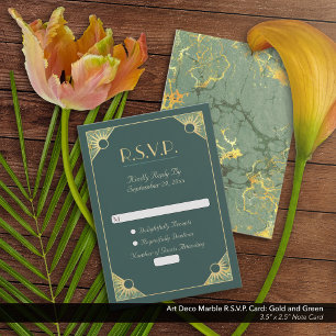 Art Deco Gold and Green Marble Wedding R.S.V.P. Card