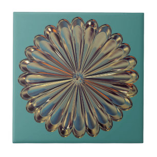Art deco gold and teal flower medallion ceramic tile