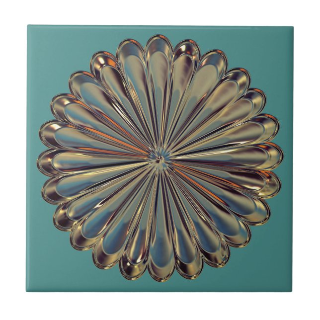Art deco gold and teal flower medallion ceramic tile (Front)