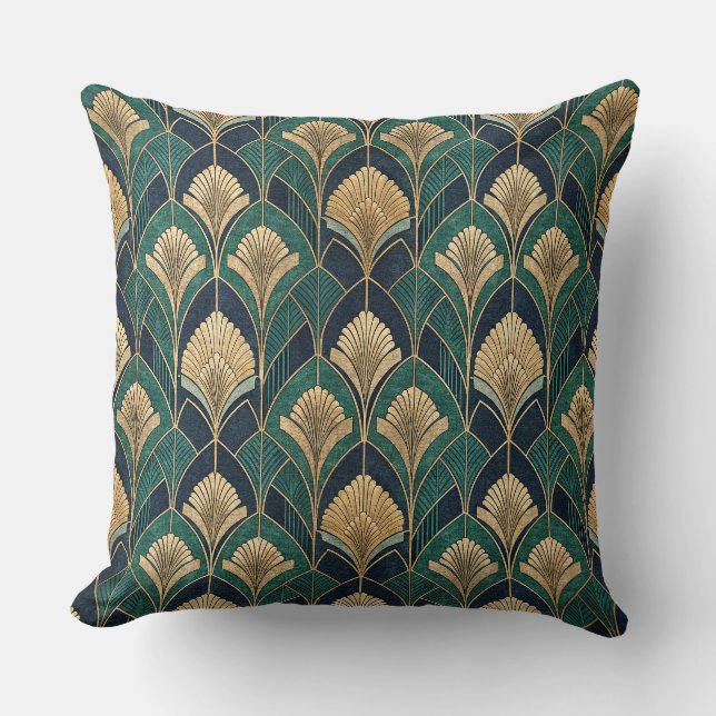 Art Deco Gold and Teal Geometric Abstract Pattern Cushion (Front)
