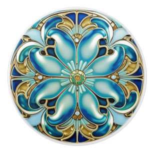 Art Deco Gold Aqua Blue Geometric Ceramic Knob