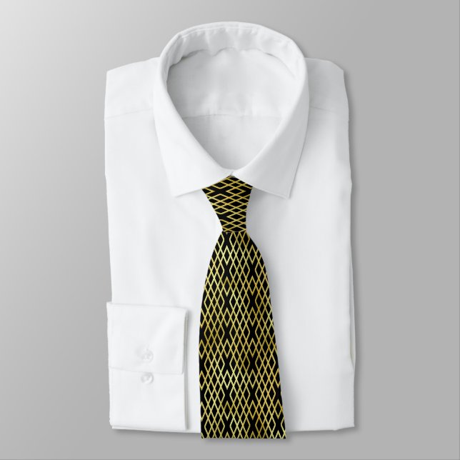 Art Deco Gold & Black Diamond Pattern Neck Tie (Tied)