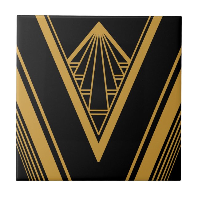 Art Deco Gold Black Elegant Geometric Crisp Ceramic Tile (Front)