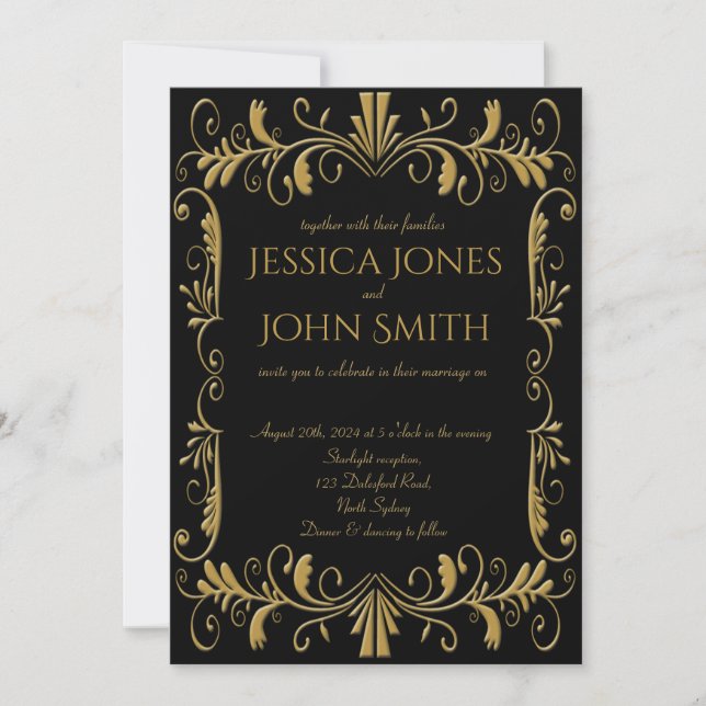 Art deco gold black elegant wedding invitation (Front)