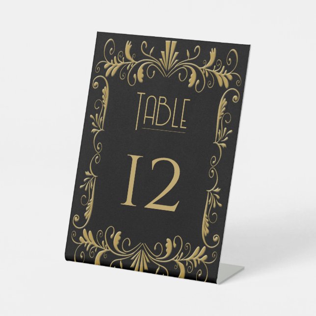 Art deco gold black elegant wedding invitation pedestal sign (Front)