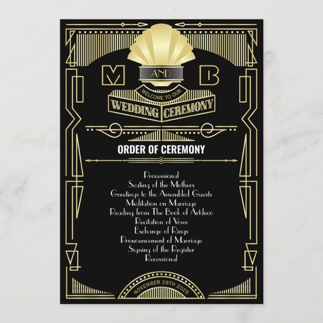 Art Deco Gold Black Entourage Order of Ceremony Program (Front)