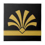 Art Deco Gold Black Geometric Flower Element 06 Ceramic Tile<br><div class="desc">Elegant faux gold yellow art deco style geometric flower element ornament on a black background decorative ceramic tile. Please note that the gold colour here is a flat yellow colour print and is not an actual gold colour or foil. Sleek chic design, perfect for a modern or art deco retro...</div>