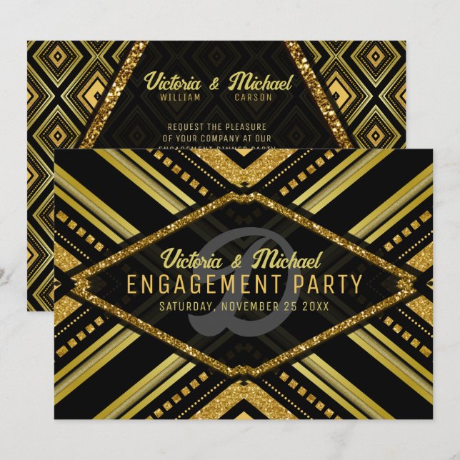 Art Deco Gold Black Glamour Gatsby Engagement Invitation (Front/Back)