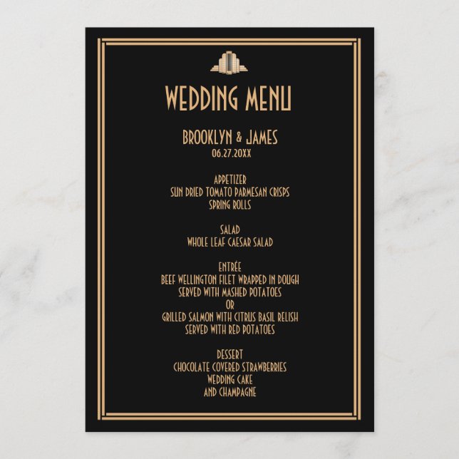 Art Deco Gold Black Great Gatsby Wedding Menu (Front)