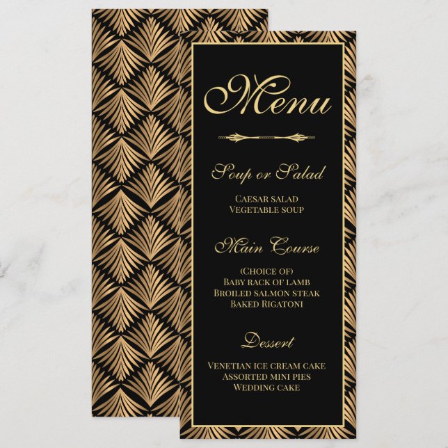 Art Deco Gold Black Great Gatsby Wedding Menu Invitation (Front/Back)
