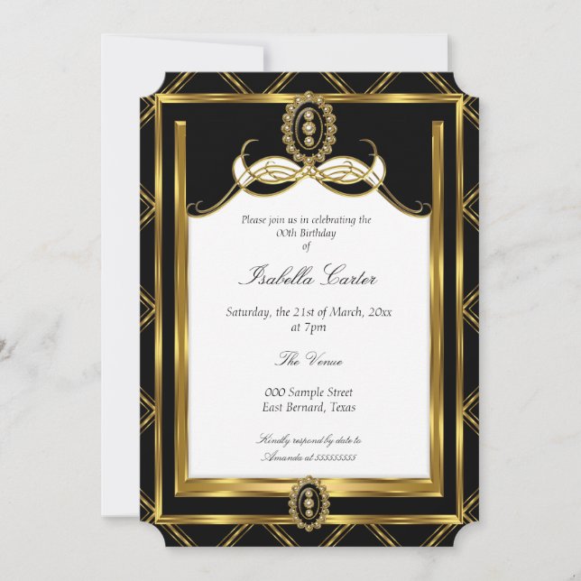 Art Deco Gold black jewel white Birthday Party Invitation (Front)