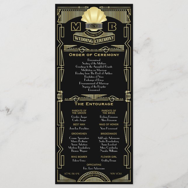 Art Deco Gold Black Order of Ceremony Entourage Program (Front)