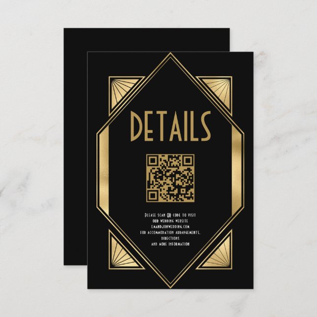 Art Deco Gold Black QR Code Wedding Details Enclosure Card (Front/Back)