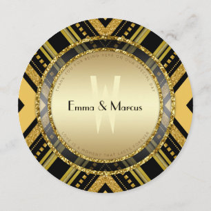 Art Deco Gold Black Round Wedding  Menu Card