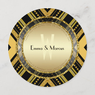 Art Deco Gold Black Round Wedding  Menu Card