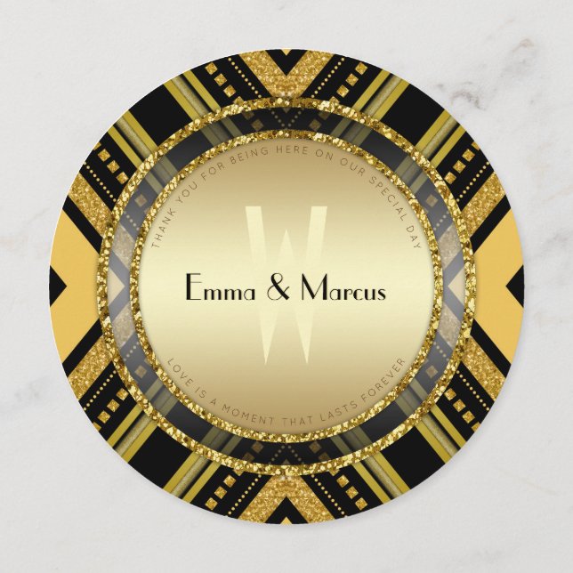 Art Deco Gold Black Round Wedding  Menu Card (Back)