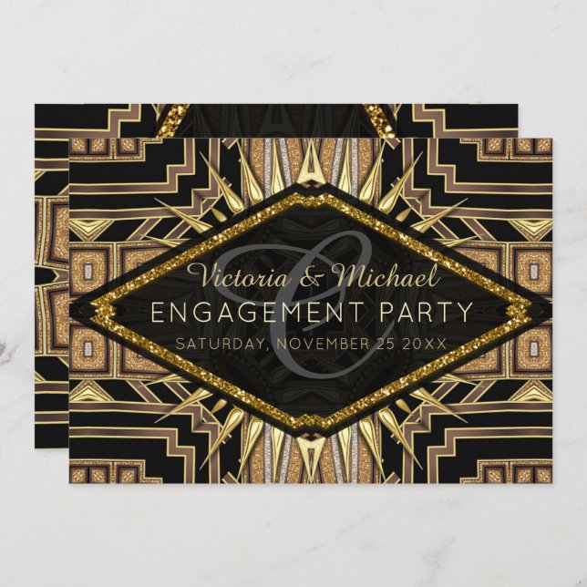 Art Deco Gold + Black Stylish Engagement Party Invitation (Front/Back)