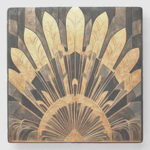 Art Deco Gold Black sunburst Motif Stone Coaster