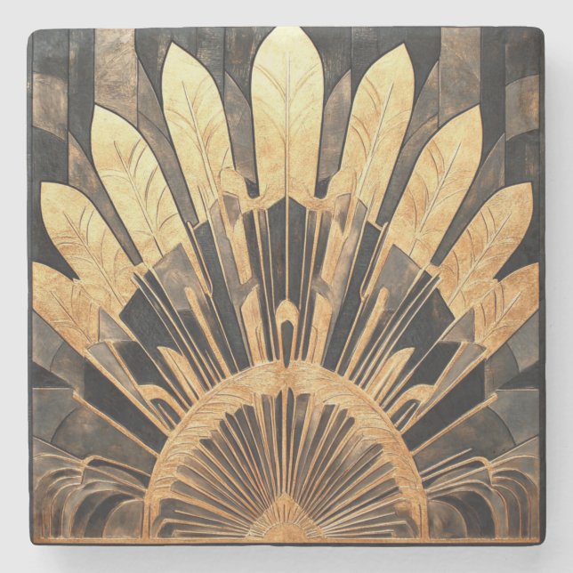 Art Deco Gold Black sunburst Motif  Stone Coaster (Front)