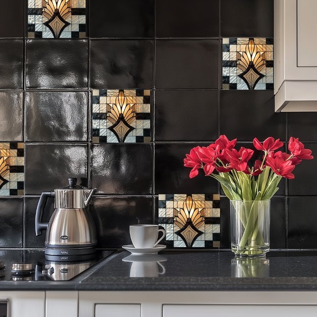 Art Deco Gold  Black  White Fan Floral Ceramic Tile (Creator Uploaded)