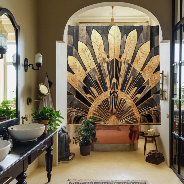 Art Deco Gold Black Your Monogram Sunburst Motif Shower Curtain (Classy Art Deco black and gold shower curtains with your personal initial or monogram)