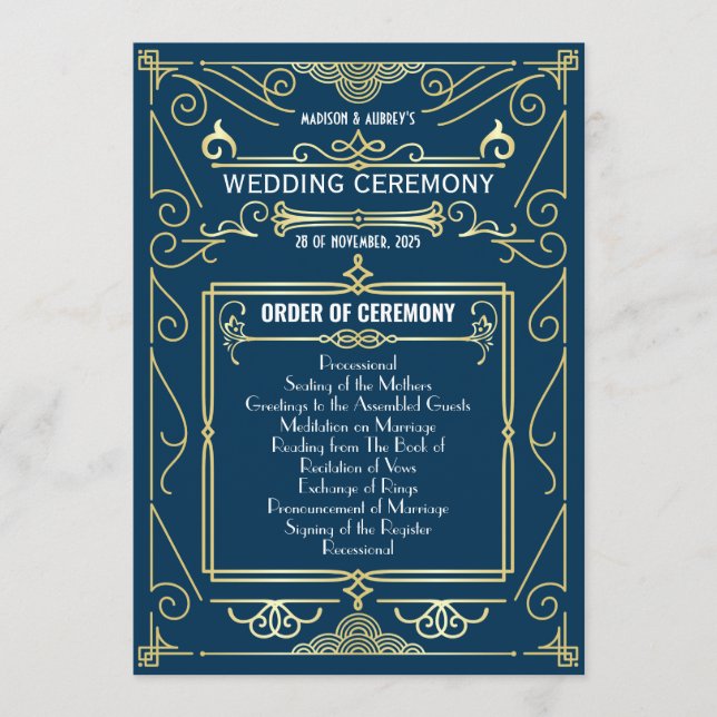 Art Deco Gold Blue Entourage Order of Ceremony Program (Front)