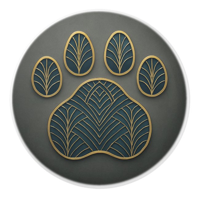 Art Deco Gold & Blue "Metalwork" Paw Ceramic Knob (Front)