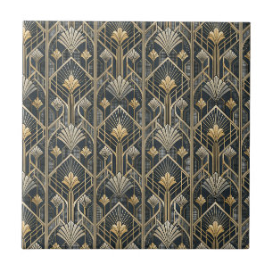 Art Deco Gold & Charcoal Black Geometric Pattern Ceramic Tile