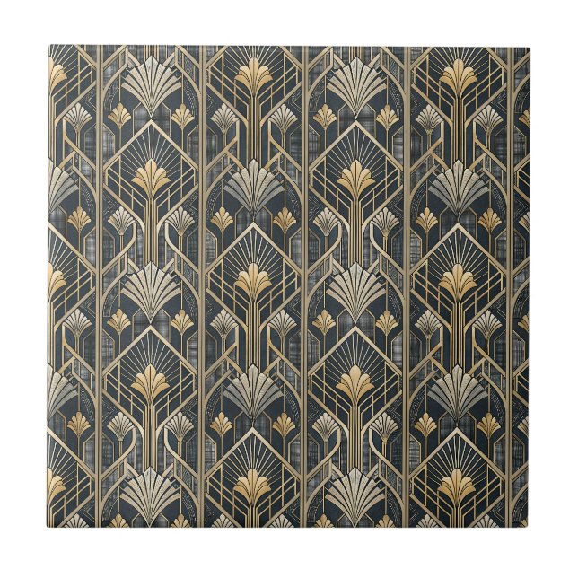 Art Deco Gold & Charcoal Black Geometric Pattern Ceramic Tile (Front)