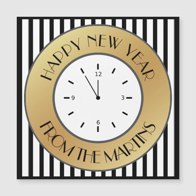 Art Deco Gold Clock and Stripes Happy New Year (Front)
